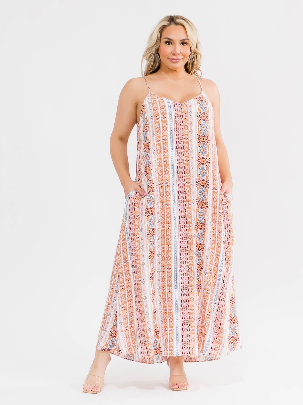 PLUS SIZE SLEEVELESS V-NECK FRONT POCKETS MULTI PRINT MAXI DRESS
