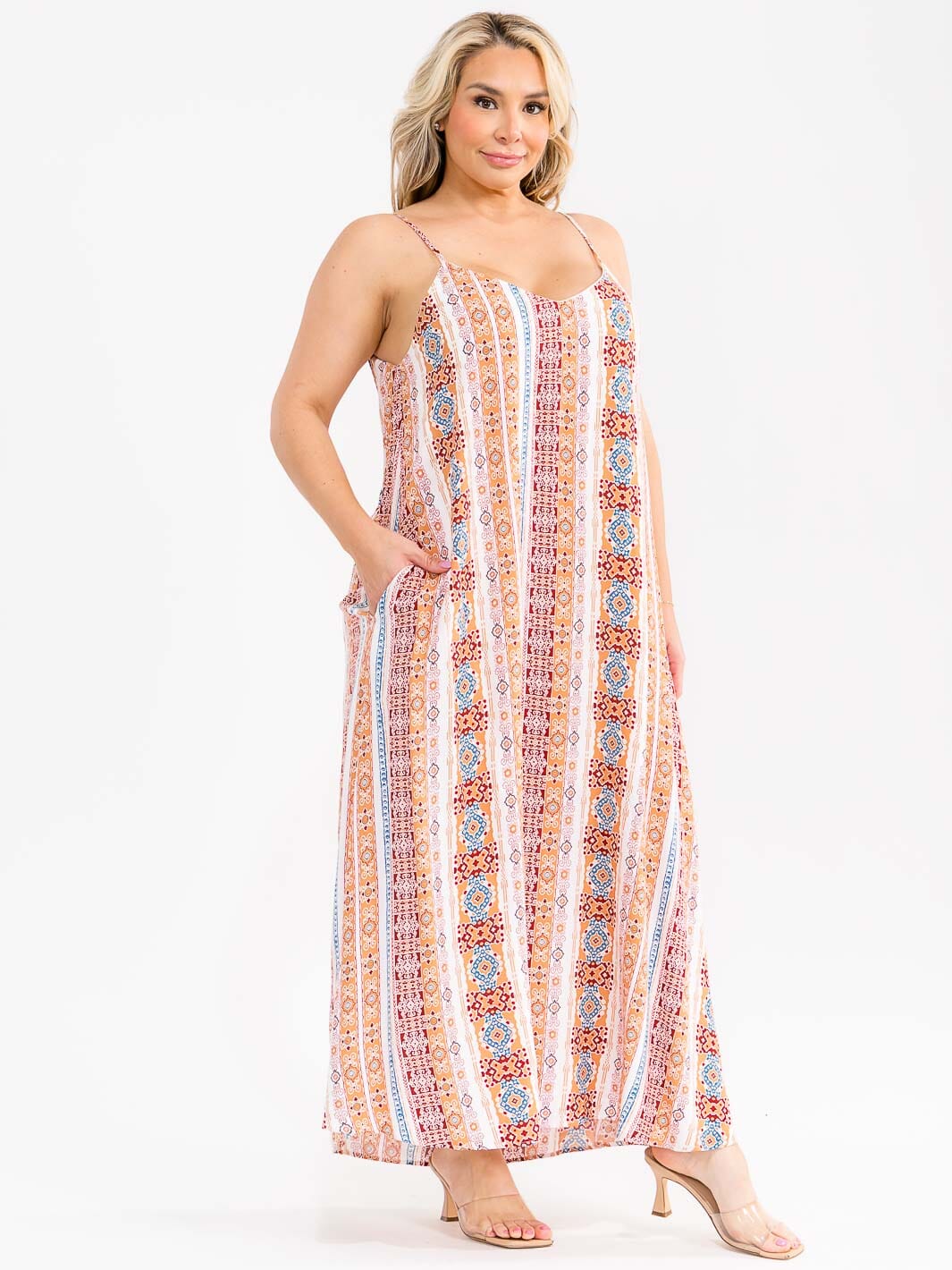 PLUS SIZE SLEEVELESS V-NECK FRONT POCKETS MULTI PRINT MAXI DRESS