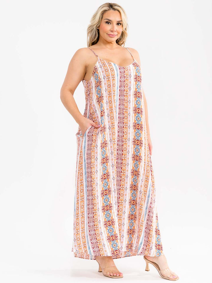 PLUS SIZE SLEEVELESS V-NECK FRONT POCKETS MULTI PRINT MAXI DRESS