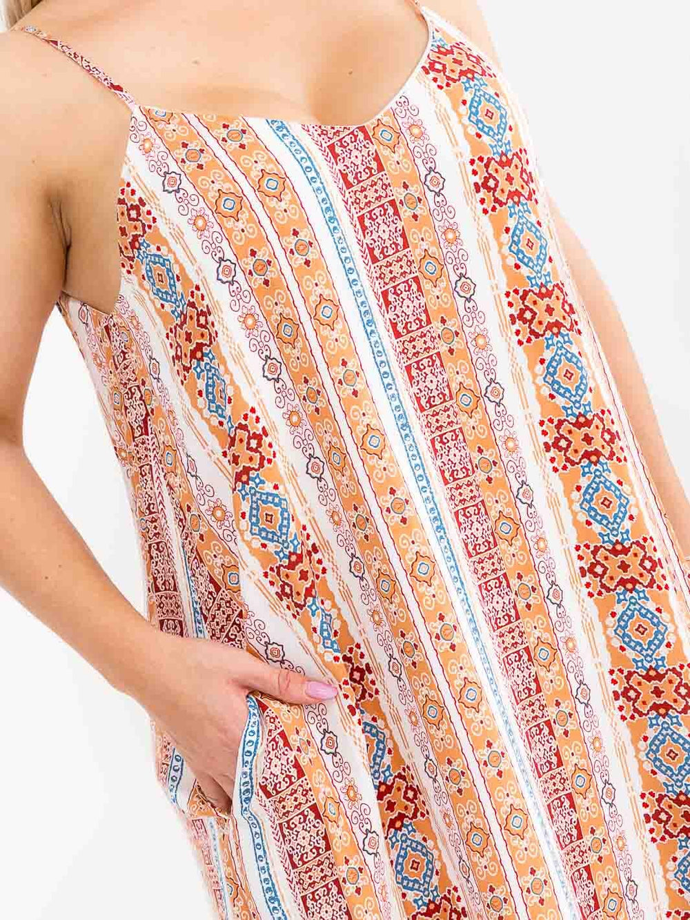 PLUS SIZE SLEEVELESS V-NECK FRONT POCKETS MULTI PRINT MAXI DRESS