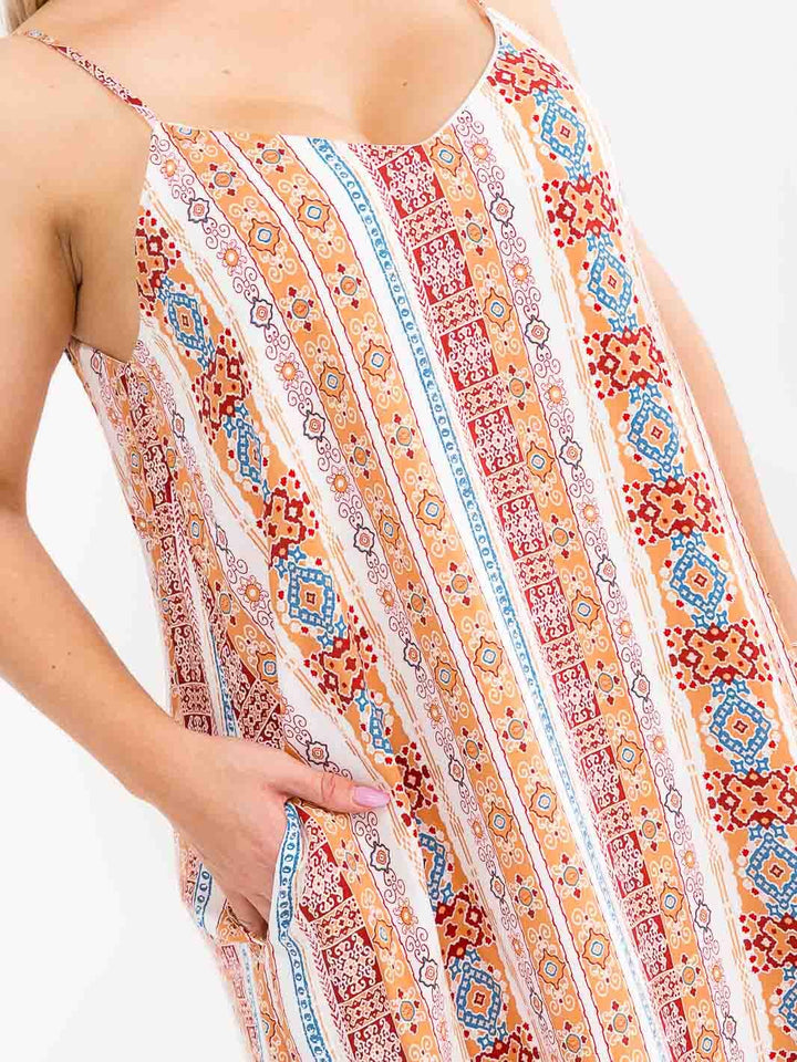 PLUS SIZE SLEEVELESS V-NECK FRONT POCKETS MULTI PRINT MAXI DRESS
