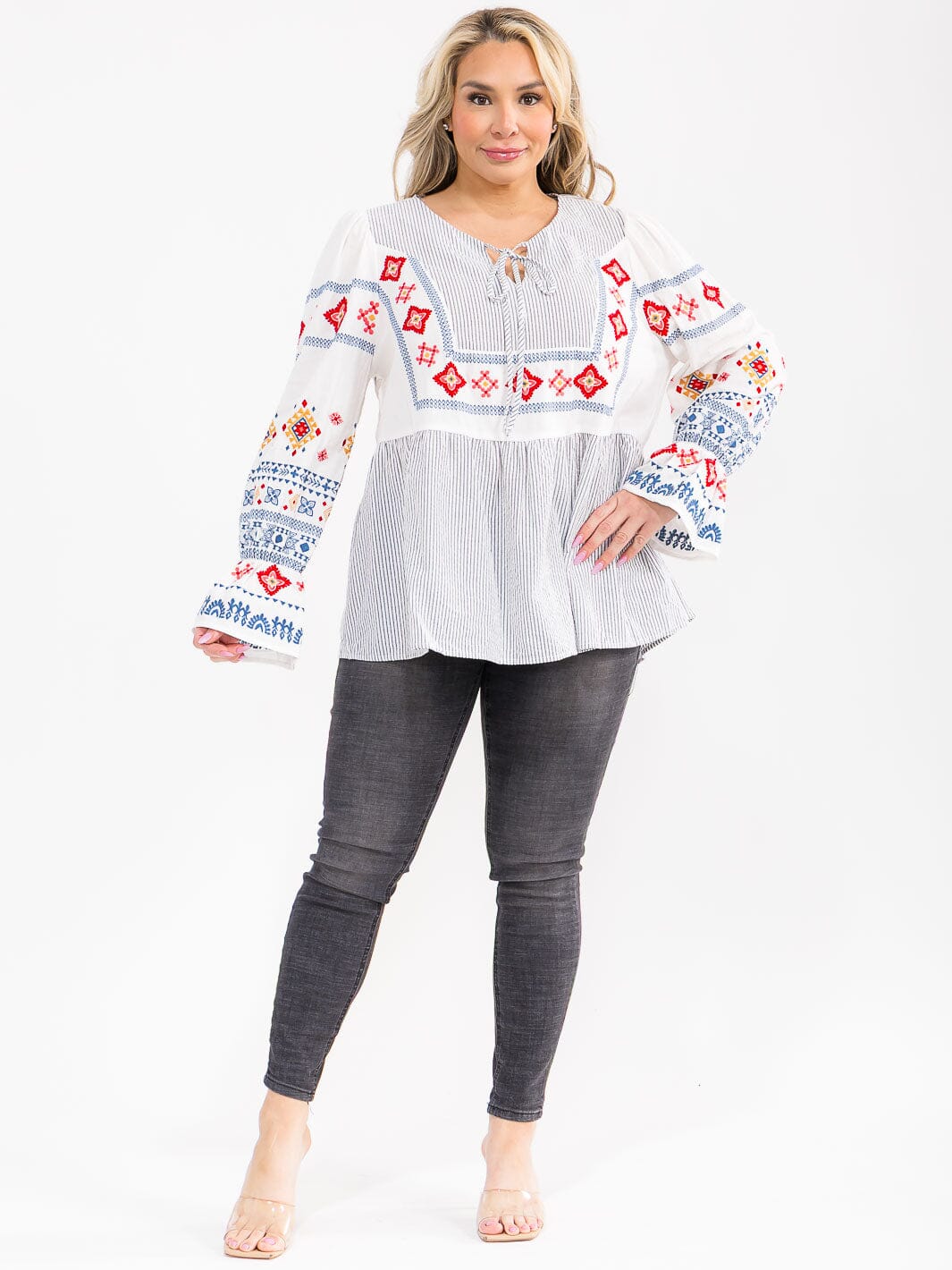 PLUS SIZE LONG SLEEVE V-NECK MULTI EMBROIDERY LOOSE FIT BLOUSE