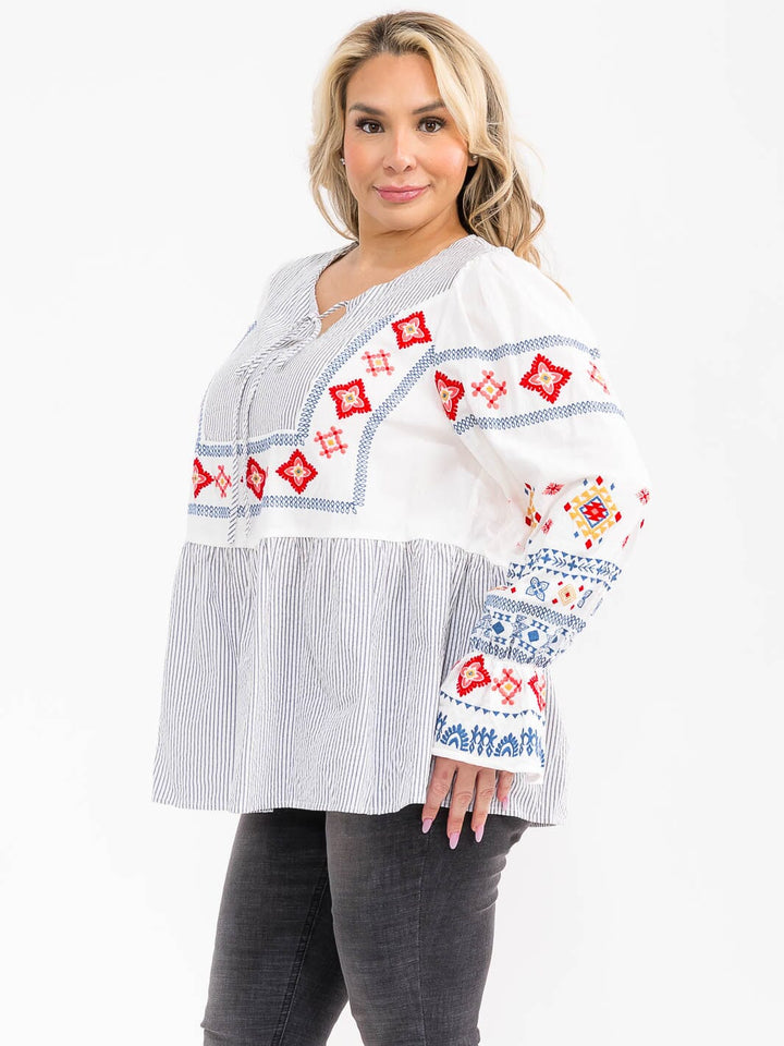 PLUS SIZE LONG SLEEVE V-NECK MULTI EMBROIDERY LOOSE FIT BLOUSE