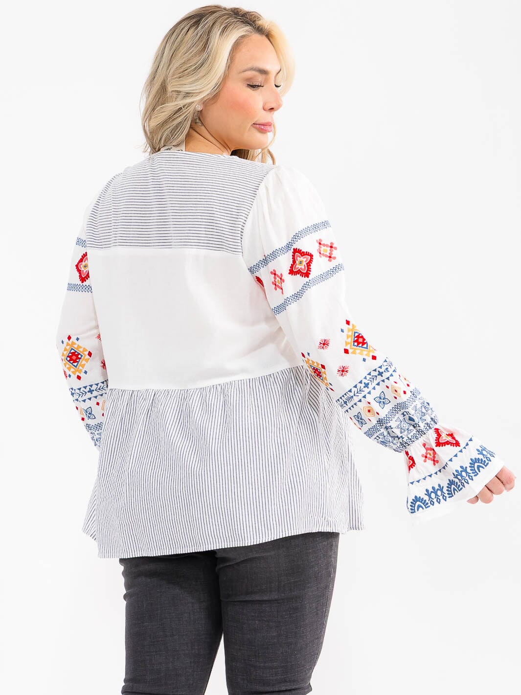 PLUS SIZE LONG SLEEVE V-NECK MULTI EMBROIDERY LOOSE FIT BLOUSE