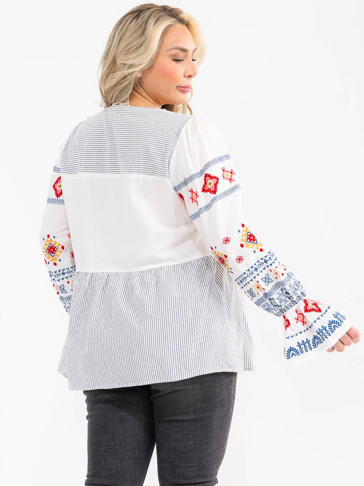 PLUS SIZE LONG SLEEVE V-NECK MULTI EMBROIDERY LOOSE FIT BLOUSE