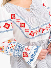 PLUS SIZE LONG SLEEVE V-NECK MULTI EMBROIDERY LOOSE FIT BLOUSE