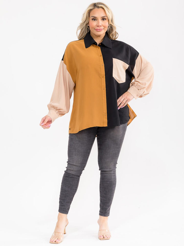 PLUS SIZE LONG SLEEVE BUTTON UP FRONT POCKET COLORBLOCK SHIRT