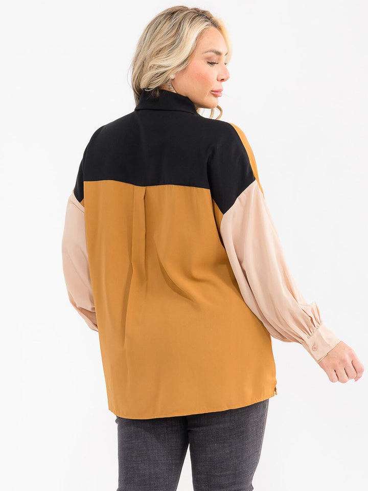 PLUS SIZE LONG SLEEVE BUTTON UP FRONT POCKET COLORBLOCK SHIRT