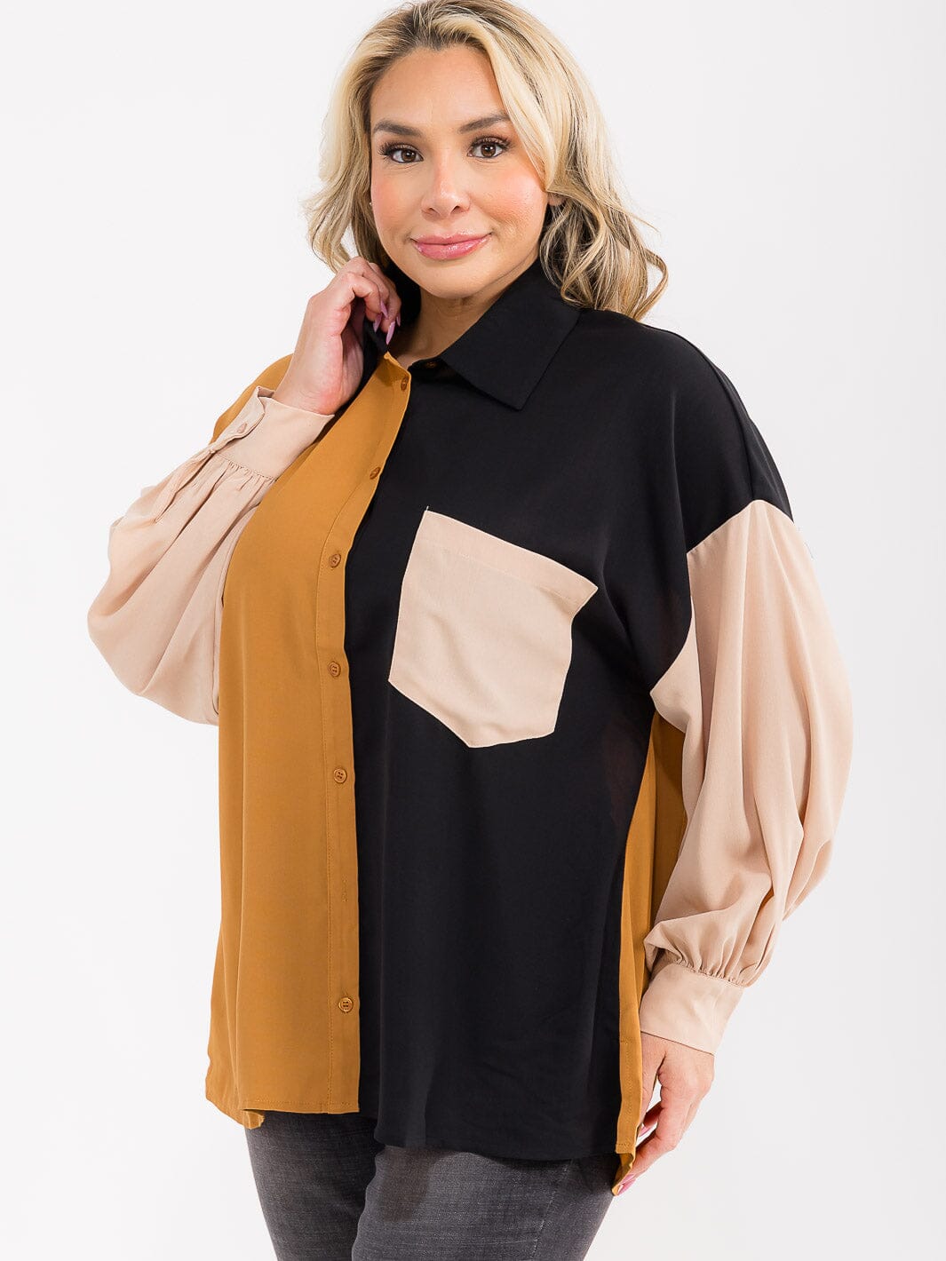 PLUS SIZE LONG SLEEVE BUTTON UP FRONT POCKET COLORBLOCK SHIRT