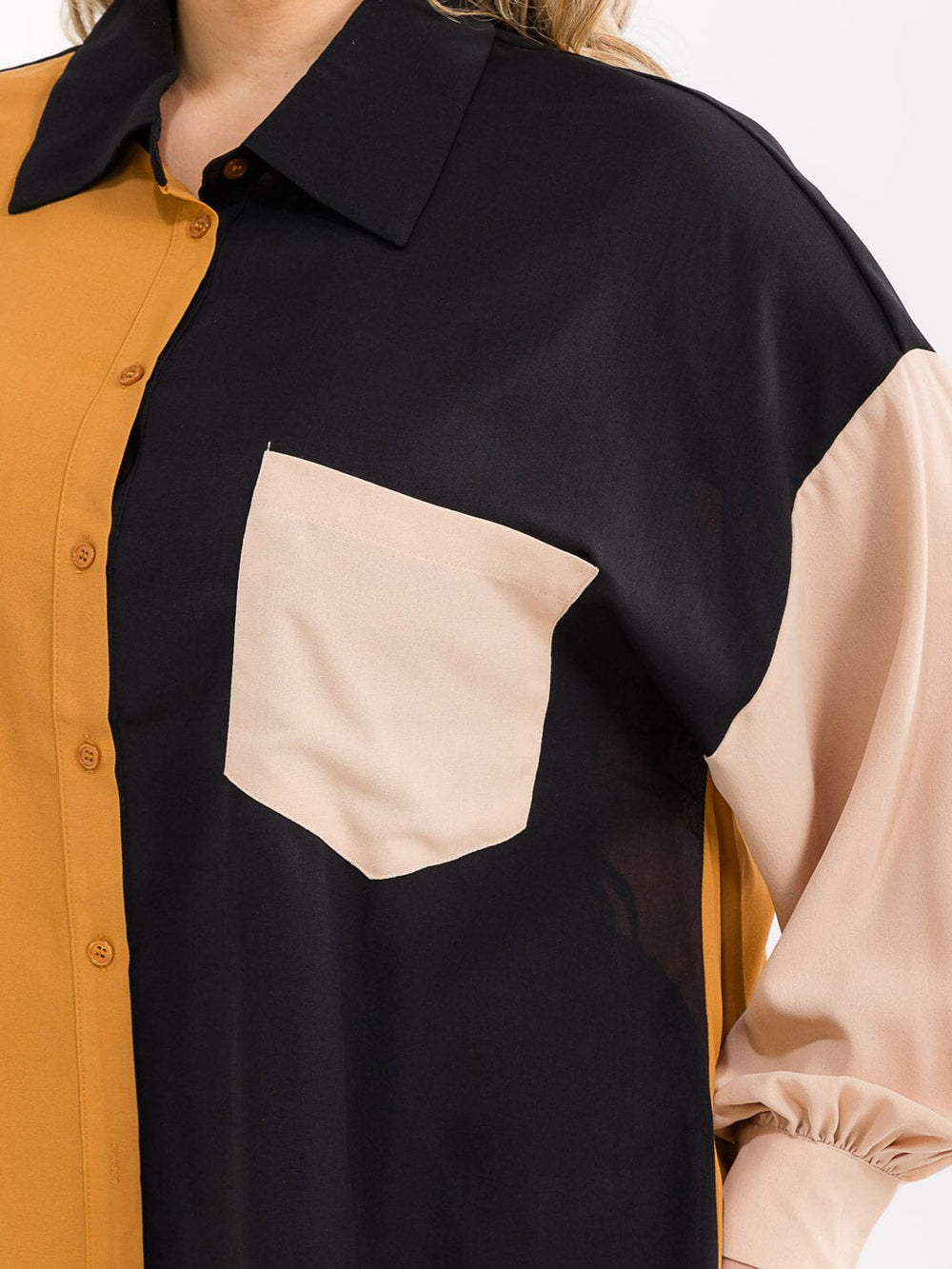 PLUS SIZE LONG SLEEVE BUTTON UP FRONT POCKET COLORBLOCK SHIRT