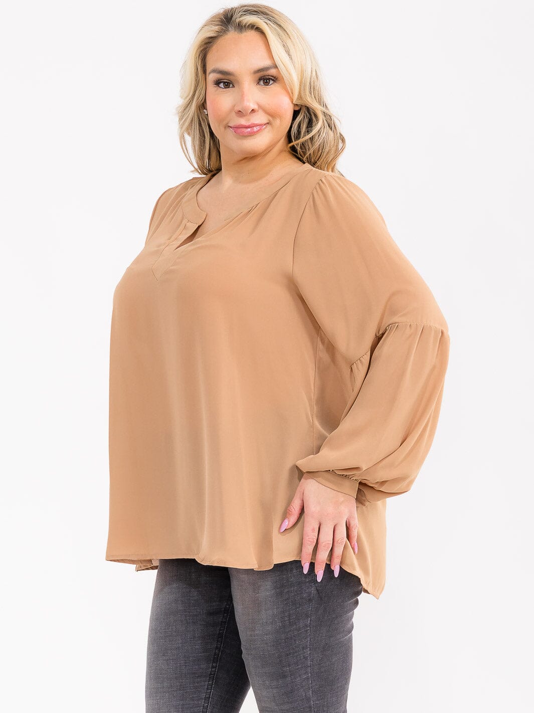 PLUS SIZE LONG SLEEVE V-NECK LOOSE FIT BLOUSE
