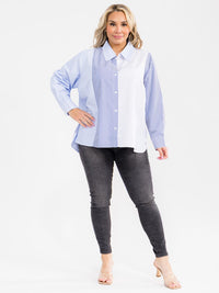 PLUS SIZE LONG SLEEVE BUTTON UP COLORBLOCK STRIPES SHIRT