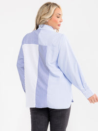 PLUS SIZE LONG SLEEVE BUTTON UP COLORBLOCK STRIPES SHIRT