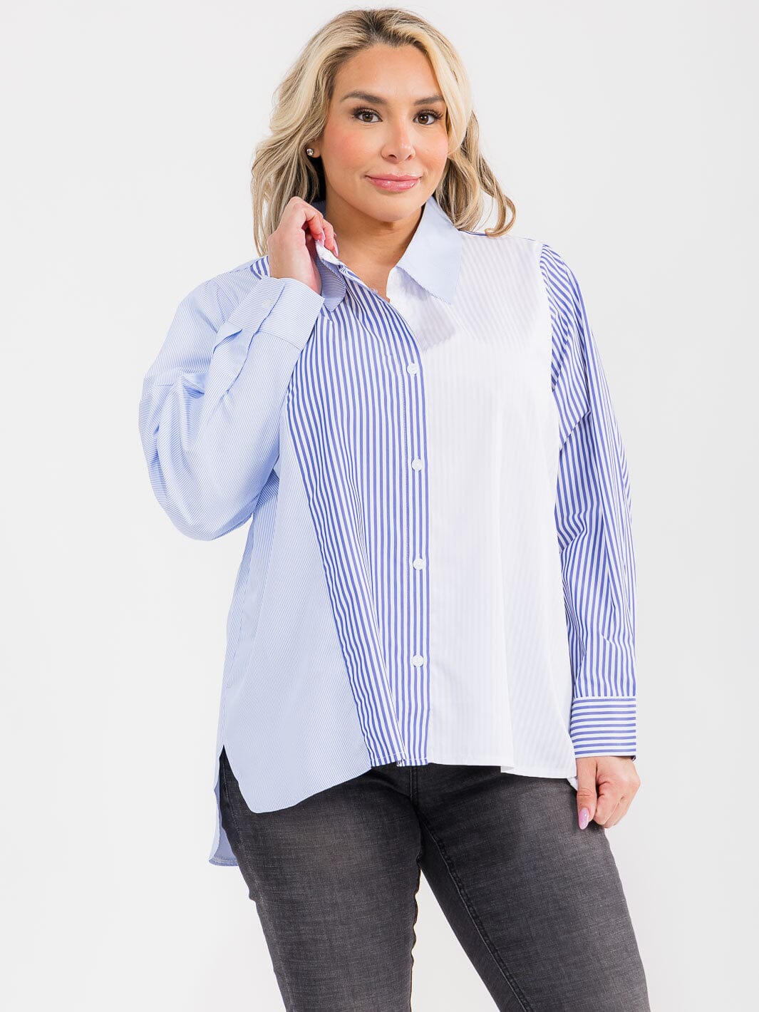 PLUS SIZE LONG SLEEVE BUTTON UP COLORBLOCK STRIPES SHIRT