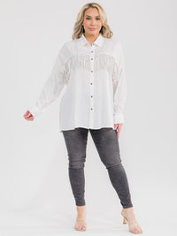 PLUS SIZE LONG SLEEVE BUTTON UP STUDS FRINGE SHIRT