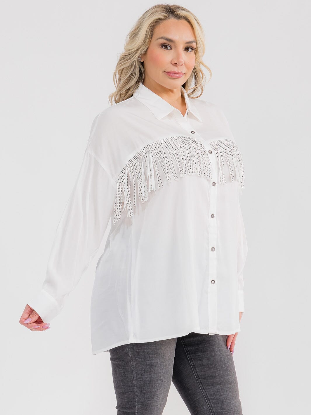 PLUS SIZE LONG SLEEVE BUTTON UP STUDS FRINGE SHIRT
