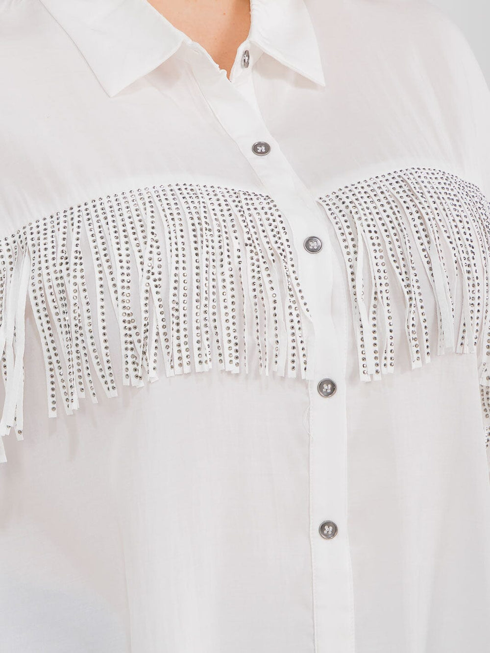PLUS SIZE LONG SLEEVE BUTTON UP STUDS FRINGE SHIRT