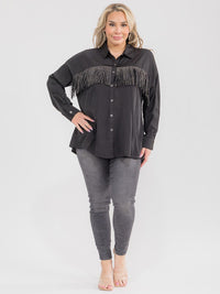 PLUS SIZE LONG SLEEVE BUTTON UP STUDS FRINGE SHIRT