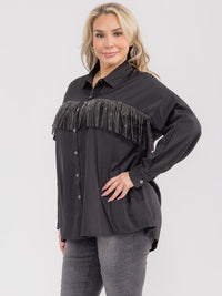 PLUS SIZE LONG SLEEVE BUTTON UP STUDS FRINGE SHIRT