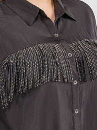 PLUS SIZE LONG SLEEVE BUTTON UP STUDS FRINGE SHIRT