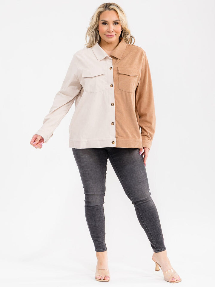PLUS SIZE LONG SLEEVE BUTTON UP FRONT POCKETC COLORBLOCK CORDUROY SHIRT