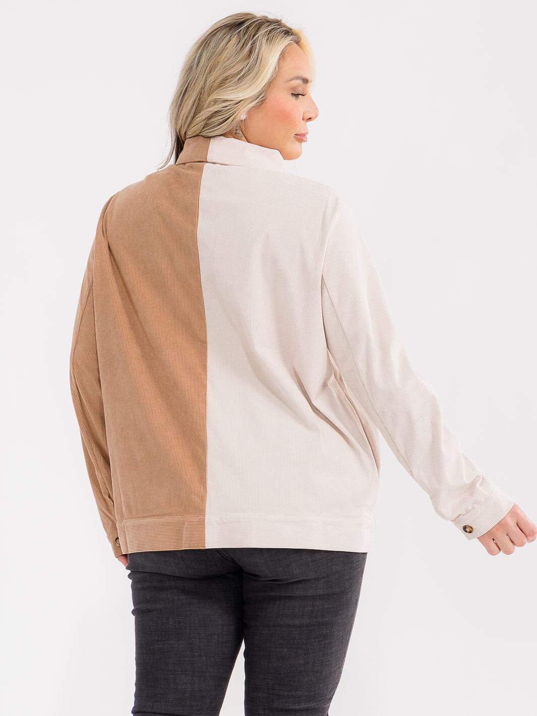 PLUS SIZE LONG SLEEVE BUTTON UP FRONT POCKETC COLORBLOCK CORDUROY SHIRT