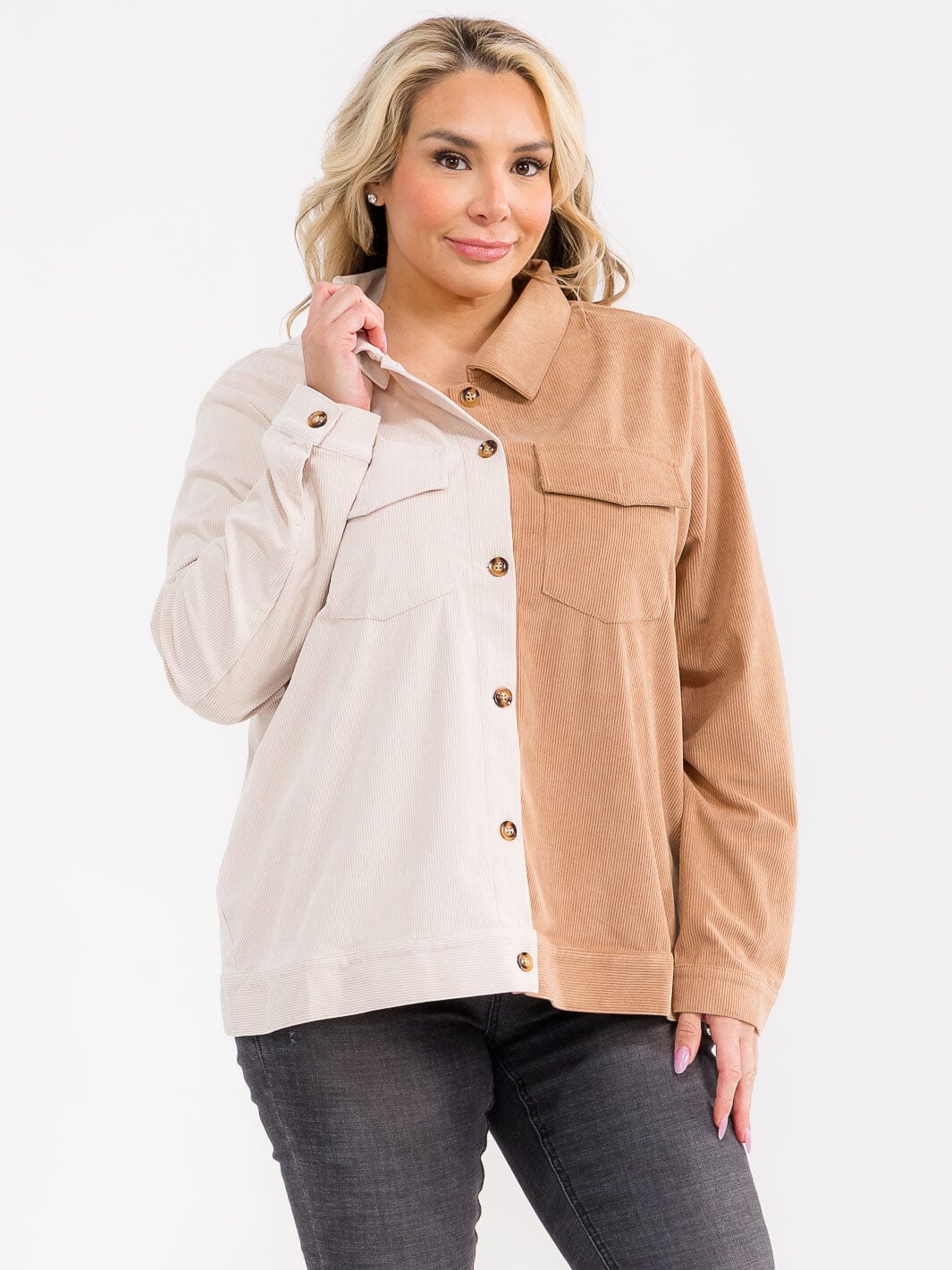 PLUS SIZE LONG SLEEVE BUTTON UP FRONT POCKETC COLORBLOCK CORDUROY SHIRT