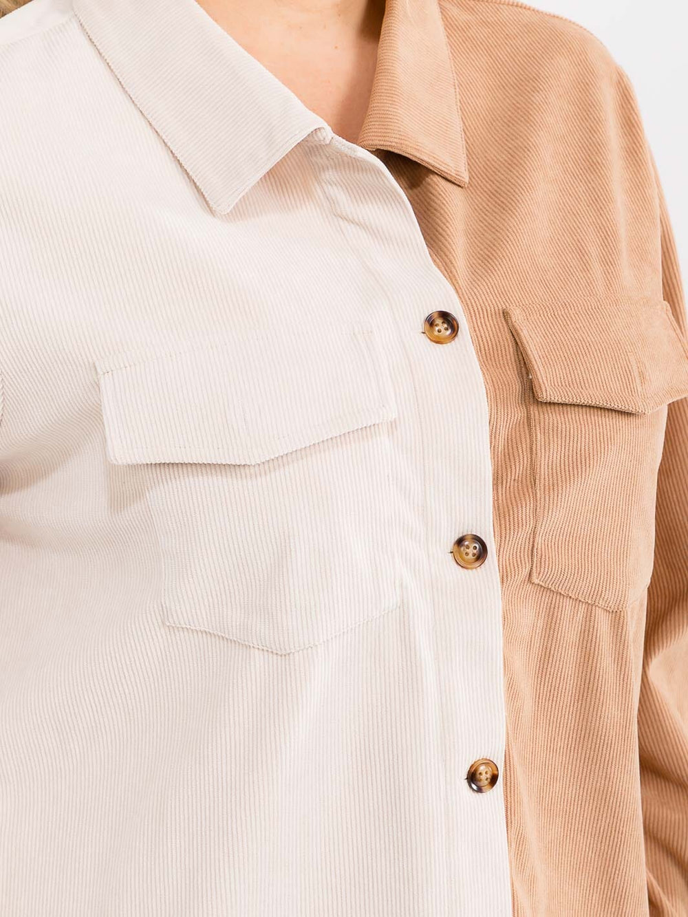 PLUS SIZE LONG SLEEVE BUTTON UP FRONT POCKETC COLORBLOCK CORDUROY SHIRT