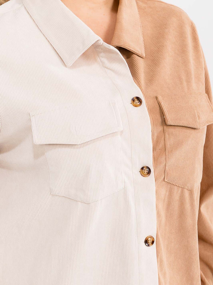 PLUS SIZE LONG SLEEVE BUTTON UP FRONT POCKETC COLORBLOCK CORDUROY SHIRT