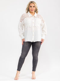 PLUS SIZE LONG SLEEVE BUTTON UP FRONT POCKETS LACE DETAILED SHIRT