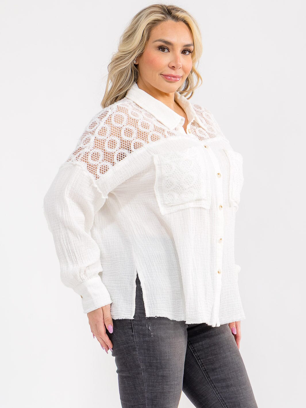 PLUS SIZE LONG SLEEVE BUTTON UP FRONT POCKETS LACE DETAILED SHIRT