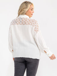 PLUS SIZE LONG SLEEVE BUTTON UP FRONT POCKETS LACE DETAILED SHIRT
