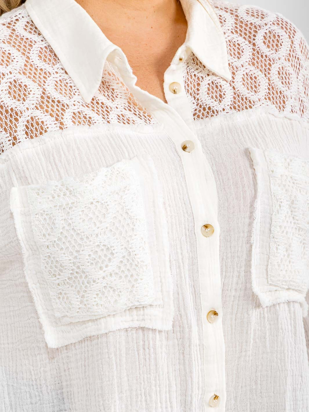 PLUS SIZE LONG SLEEVE BUTTON UP FRONT POCKETS LACE DETAILED SHIRT