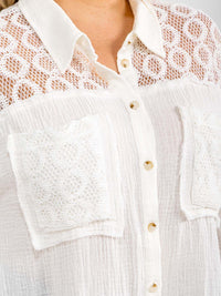 PLUS SIZE LONG SLEEVE BUTTON UP FRONT POCKETS LACE DETAILED SHIRT