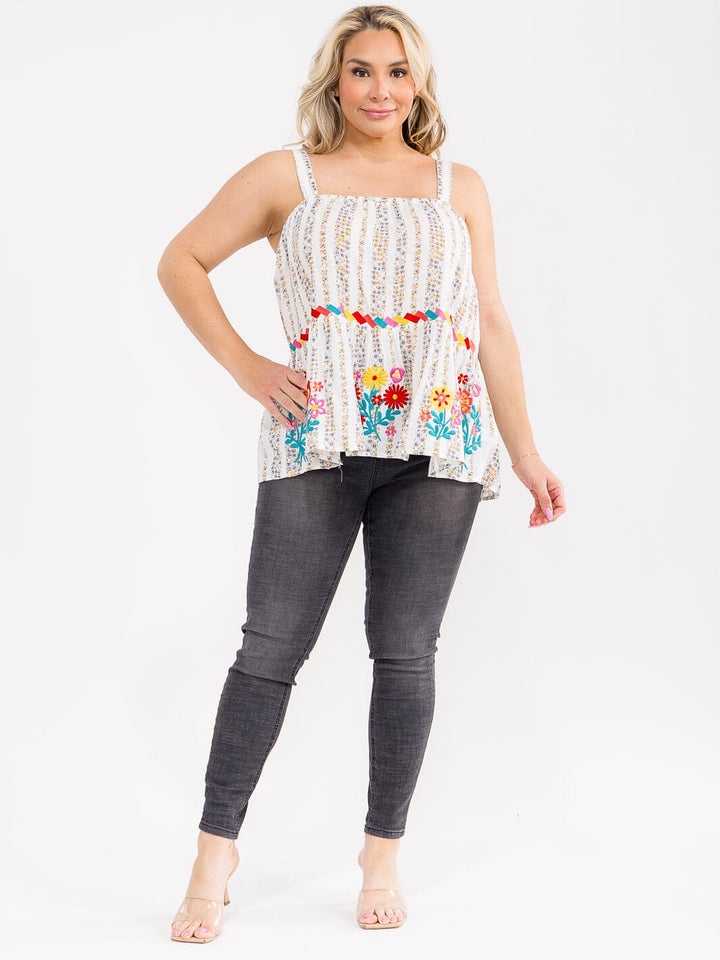 PLUS SIZE SLEEVELESS SQUARE NECK FLORAL EMBROIDERY TANK TOP