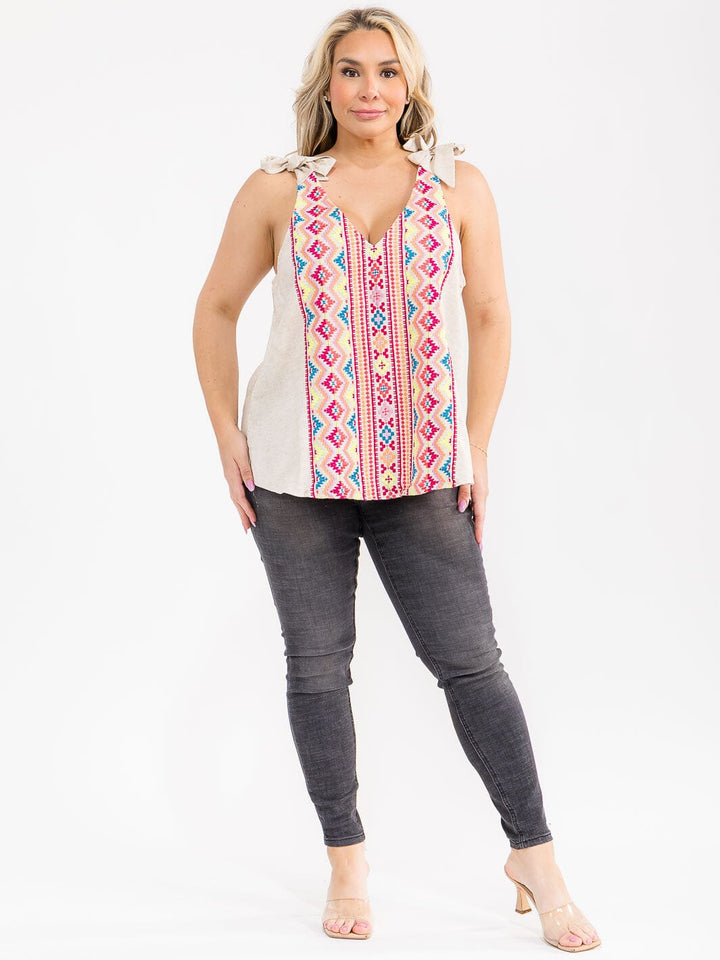 PLUS SIZE SLEEVELESS V-NECK FLORAL EMBROIDERY TANK TOP