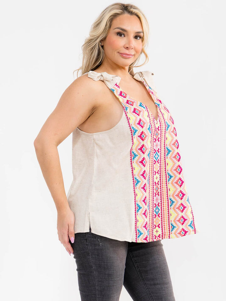 PLUS SIZE SLEEVELESS V-NECK FLORAL EMBROIDERY TANK TOP