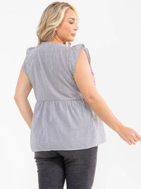 PLUS SIZE RUFFLE SLEEVE V-NECK FLORAL EMBROIDERY MULTI STRIPES BLOUSE
