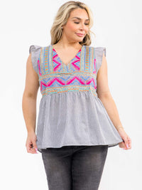 PLUS SIZE RUFFLE SLEEVE V-NECK FLORAL EMBROIDERY MULTI STRIPES BLOUSE