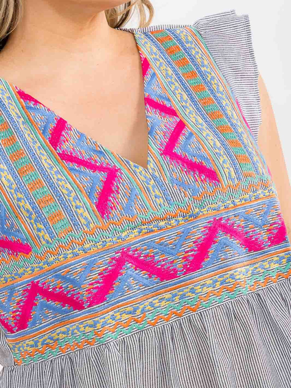 PLUS SIZE RUFFLE SLEEVE V-NECK FLORAL EMBROIDERY MULTI STRIPES BLOUSE