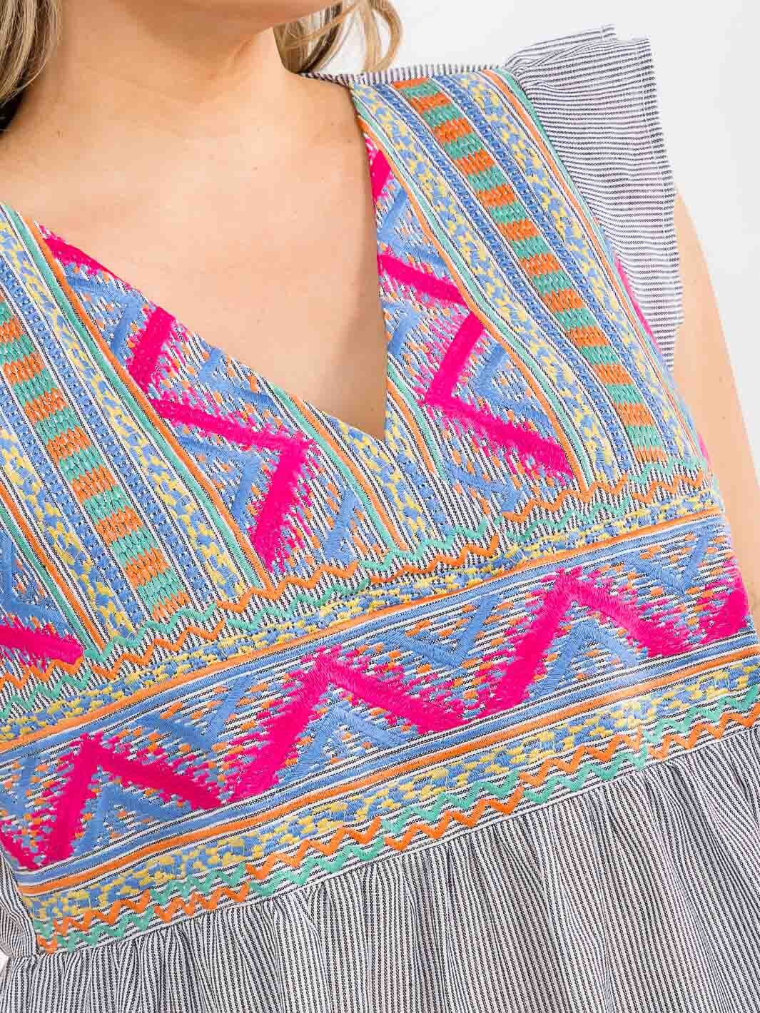 PLUS SIZE RUFFLE SLEEVE V-NECK FLORAL EMBROIDERY MULTI STRIPES BLOUSE