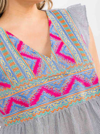 PLUS SIZE RUFFLE SLEEVE V-NECK FLORAL EMBROIDERY MULTI STRIPES BLOUSE