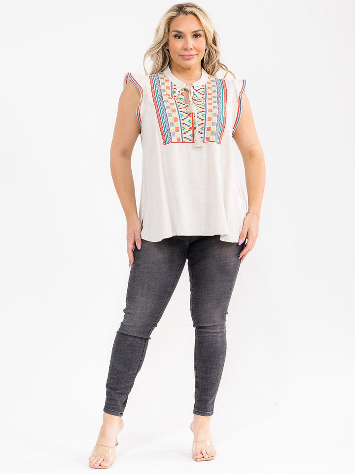 PLUS SIZE SLEEVELESS V-NECK EMBROIDERY MULTI PRINT BLOUSE