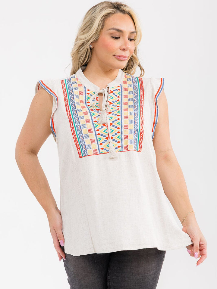 PLUS SIZE SLEEVELESS V-NECK EMBROIDERY MULTI PRINT BLOUSE