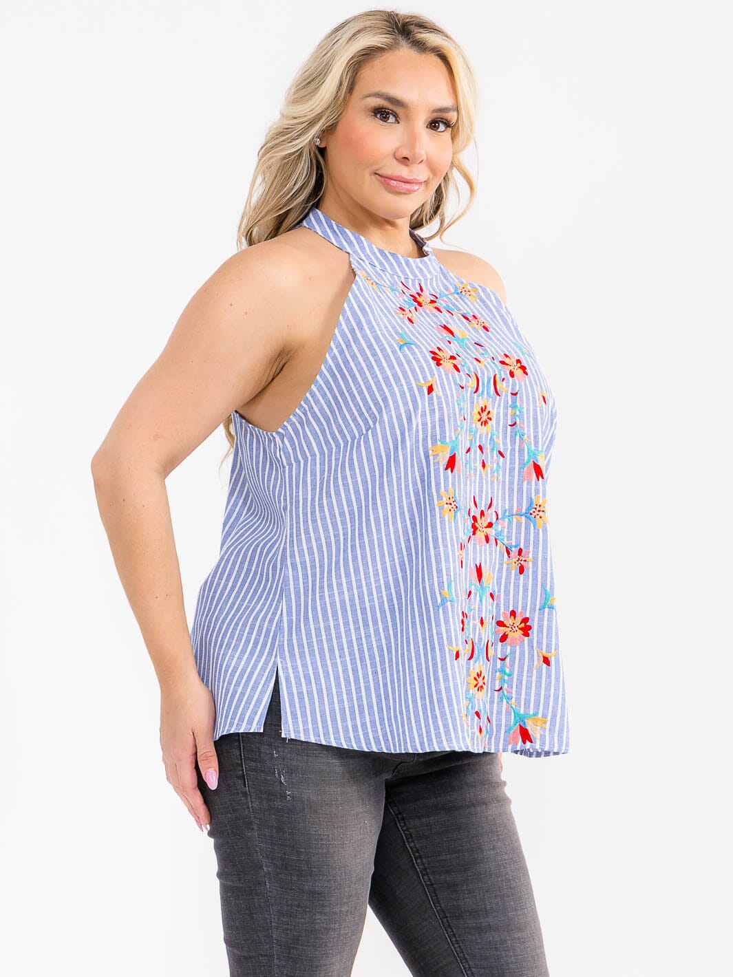 PLUS SIZE SLEEVELESS HALTER NECK FLORAL EMBROIDERY STRIPES DENIM TANK TOP