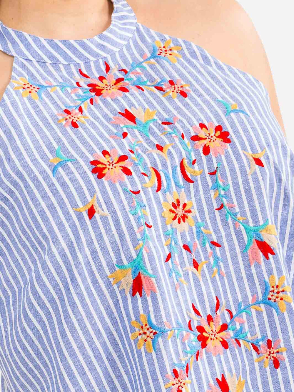 PLUS SIZE SLEEVELESS HALTER NECK FLORAL EMBROIDERY STRIPES DENIM TANK TOP