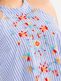 PLUS SIZE SLEEVELESS HALTER NECK FLORAL EMBROIDERY STRIPES DENIM TANK TOP