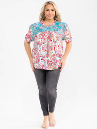 PLUS SIZE SHORT SLEEVE EMBROIDERY MULTI PRINT BLOUSE