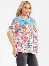 PLUS SIZE SHORT SLEEVE EMBROIDERY MULTI PRINT BLOUSE