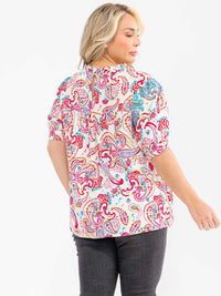 PLUS SIZE SHORT SLEEVE EMBROIDERY MULTI PRINT BLOUSE